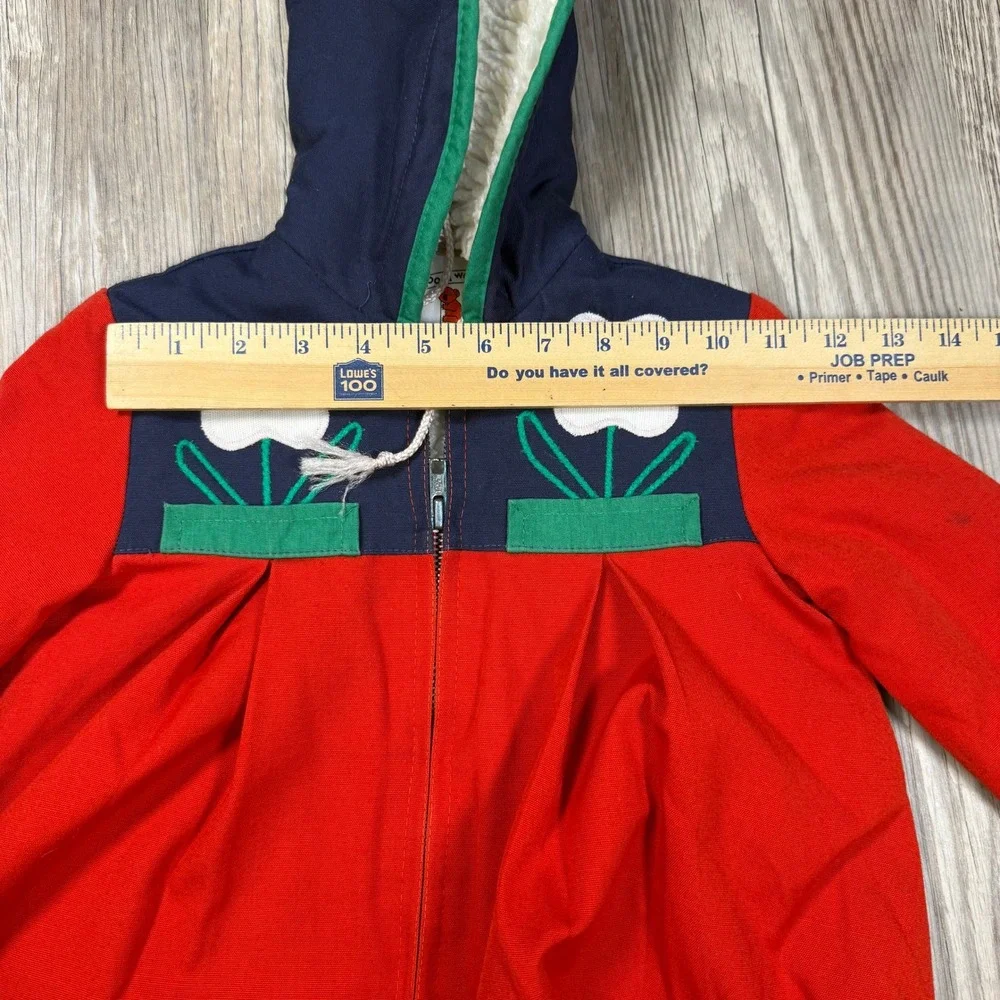 Vintage Koala Way Kids Red Navy Sherpa Lined Floral Applique Hooded Coat Size 3